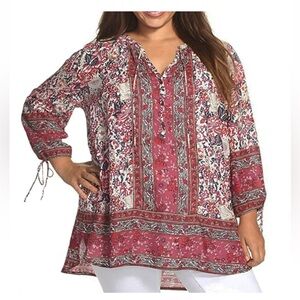 NWT Lucky Brand Floral Boho Flowy Peasant Blouse Button V-Neck 2X